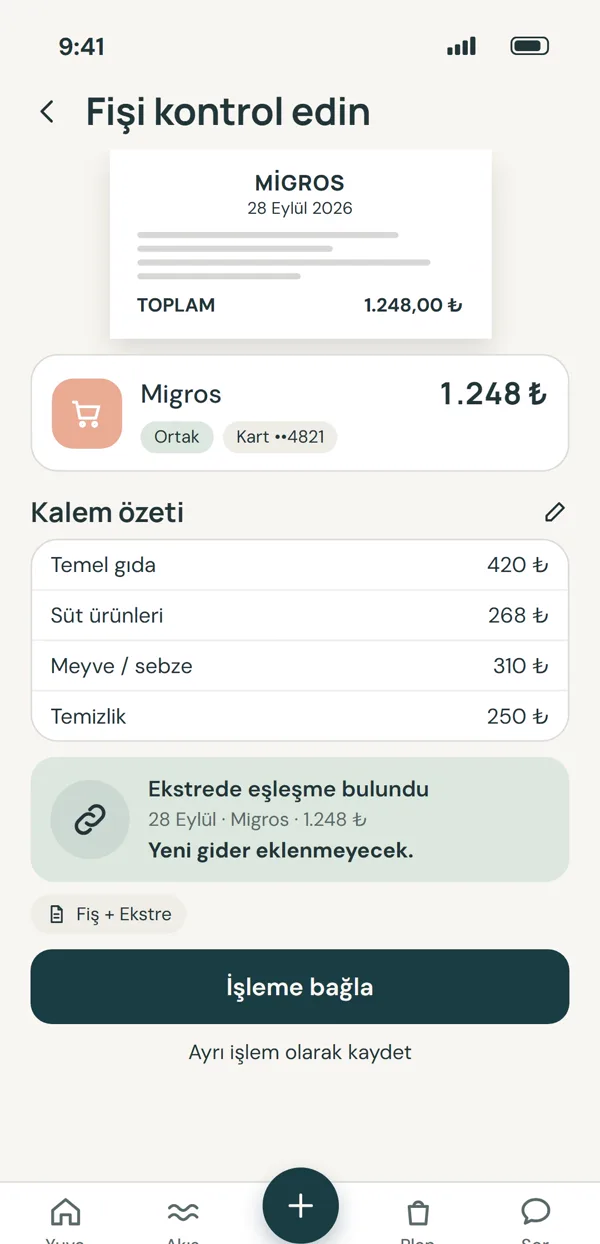 Fiş eşleştirme ekranı